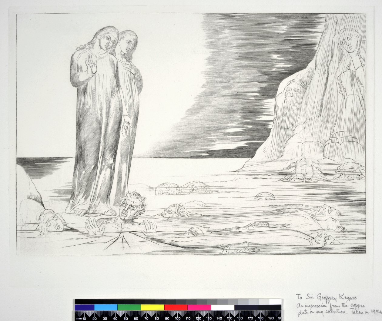 Krąg zdrajców: Stopa Dantego uderzająca Bocca degli Abbate, Inferno, Canto XXXII, ilustracja do „Boskiej komedii” Dantego Alighieri, 1954 autorstwa William Blake