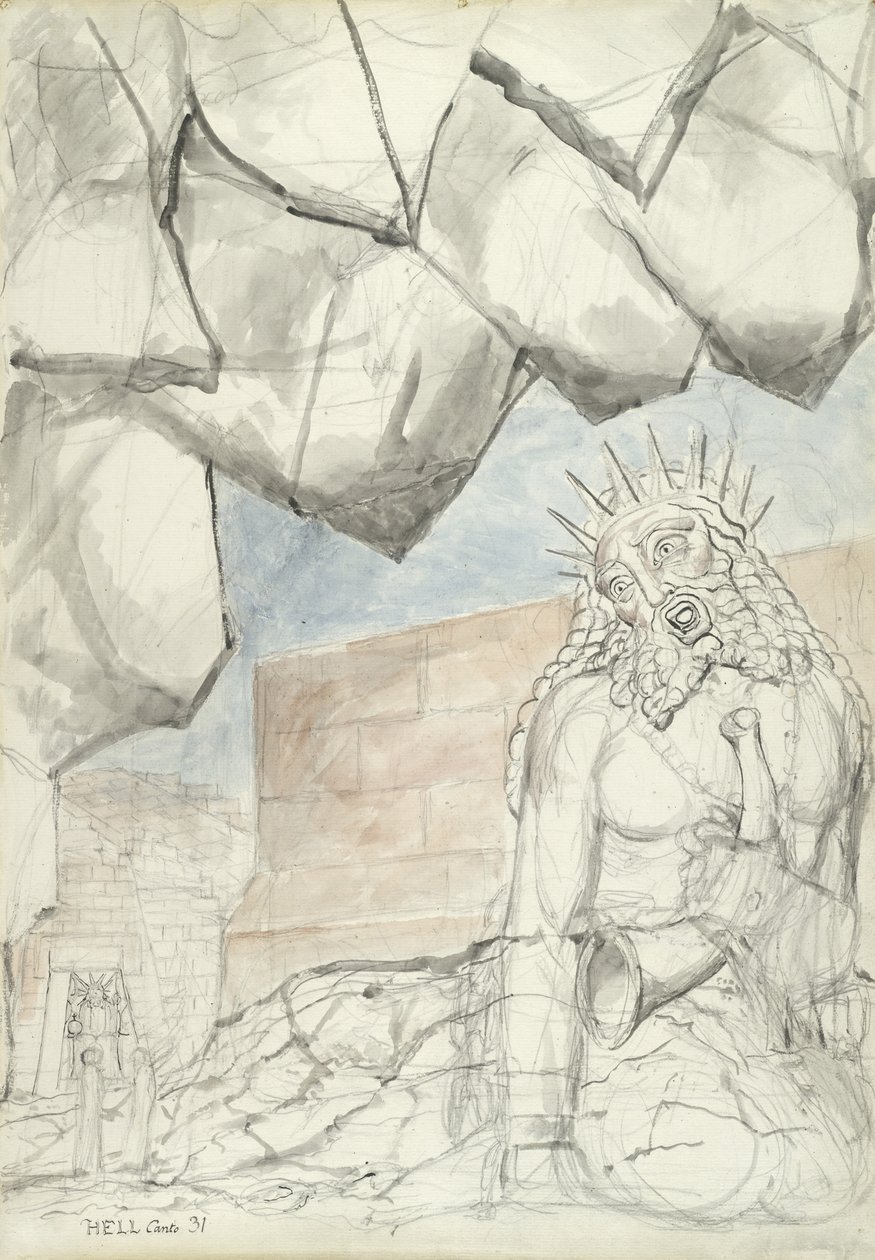 Skarga olbrzyma Nimroda, ilustracja do Boskiej Komedii autorstwa Dante Alighieri, 1824-27 (pióro i atrament z toaletą na ołówku i kredą na papierze) autorstwa William Blake