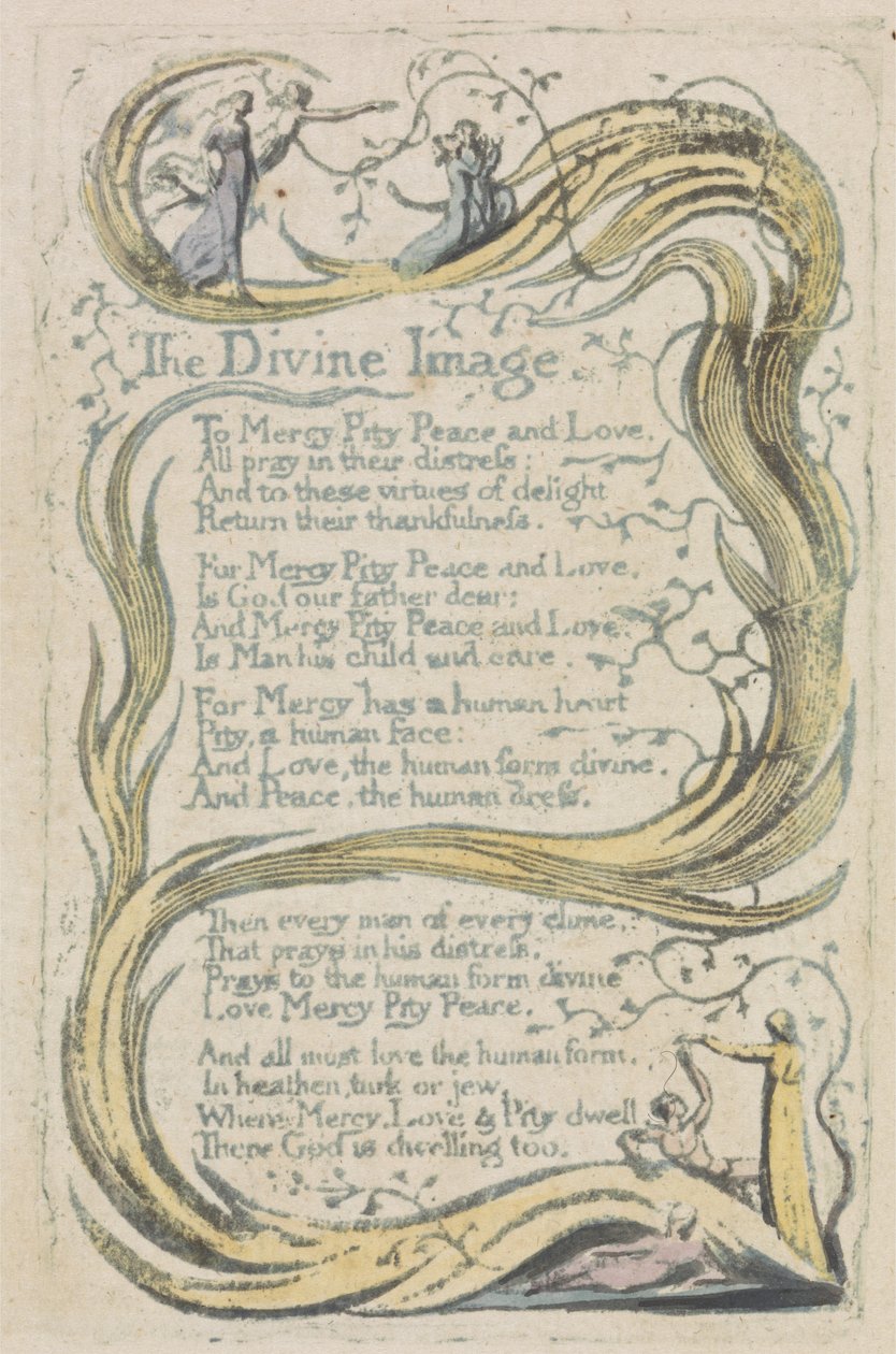 Wizerunek Boski, płyta 23 z Pieśni o niewinności, 1789 (relief akwaforta ręcznie kolorowana z akwarelą) autorstwa William Blake