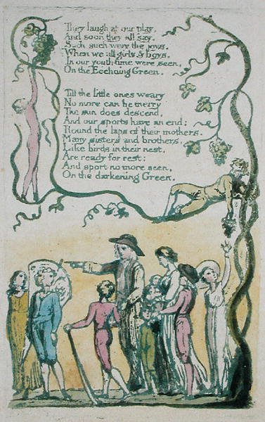 Echoing Green, a oni śmieją się z naszej zabawy..., płyta 8 z Pieśni o niewinności, 1789 (ręcznie malowana płaskorzeźba akwaforta z akwarelą) autorstwa William Blake