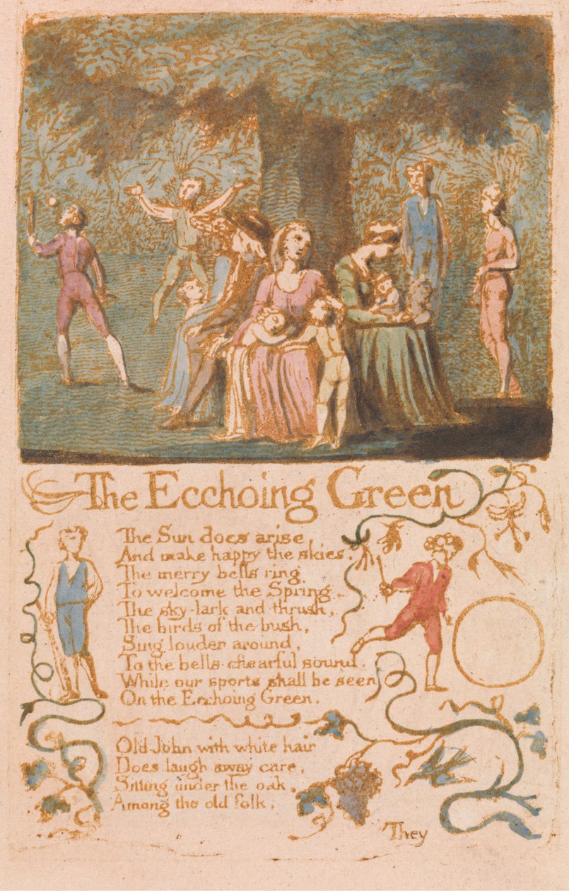 The Ecchoing Green, płyta 10 z Pieśni o niewinności, 1789 (akwaforta reliefowa z wc na papierze) autorstwa William Blake