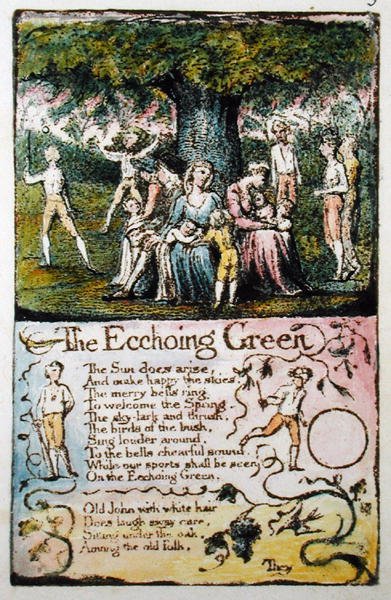 Echoing Green, płyta 5 (Bentley 6) z Pieśni o niewinności i doświadczeniu (Bentley Copy L) 1789-94 (wypukła akwaforta za pomocą pióra i toalety) autorstwa William Blake