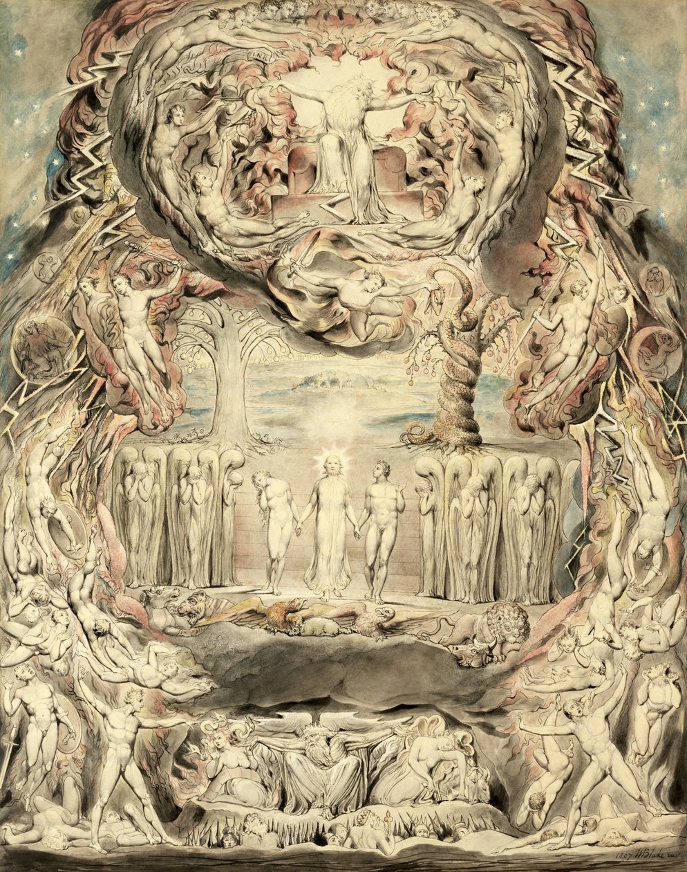 Upadek człowieka (pióro, tusz i wc na papierze) autorstwa William Blake