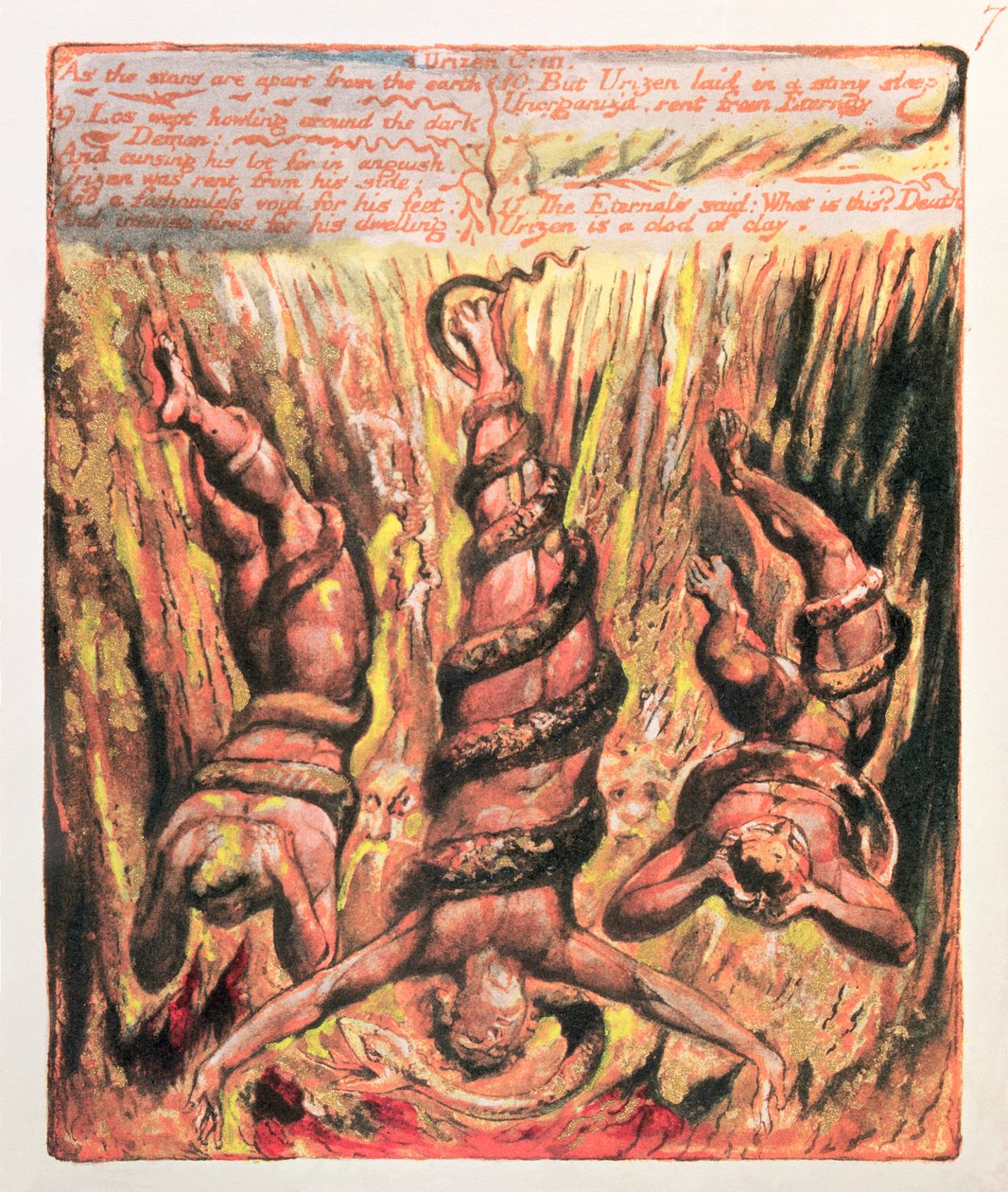 Pierwsza Księga Urizena; Ponieważ gwiazdy są oddzielone od ziemi, 1794 (drukowana w kolorze relief akwaforta) autorstwa William Blake