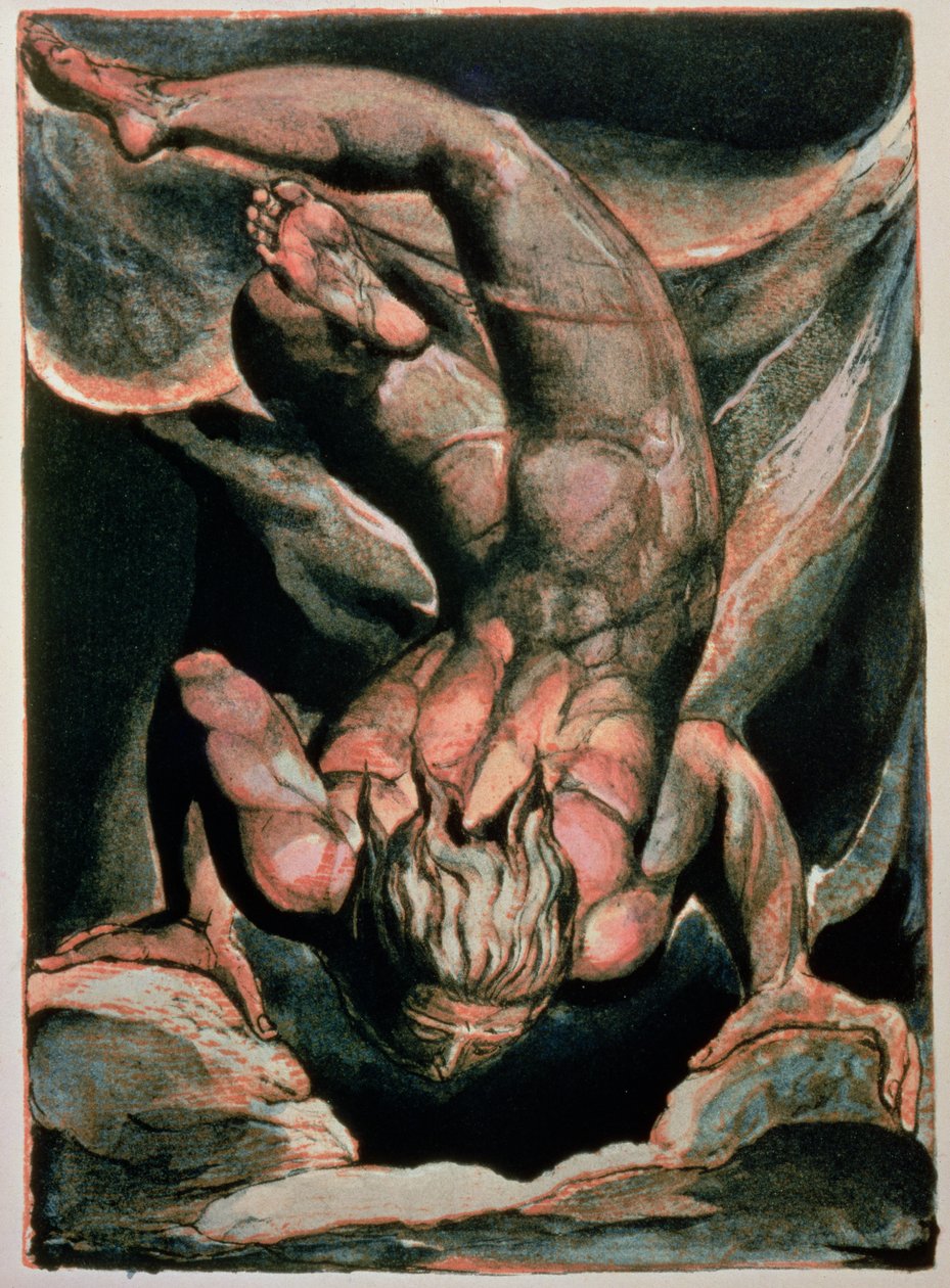 Pierwsza Księga Urizena; Mężczyzna unoszący się do góry nogami, 1794 (drukowana w kolorze relief akwaforta) autorstwa William Blake