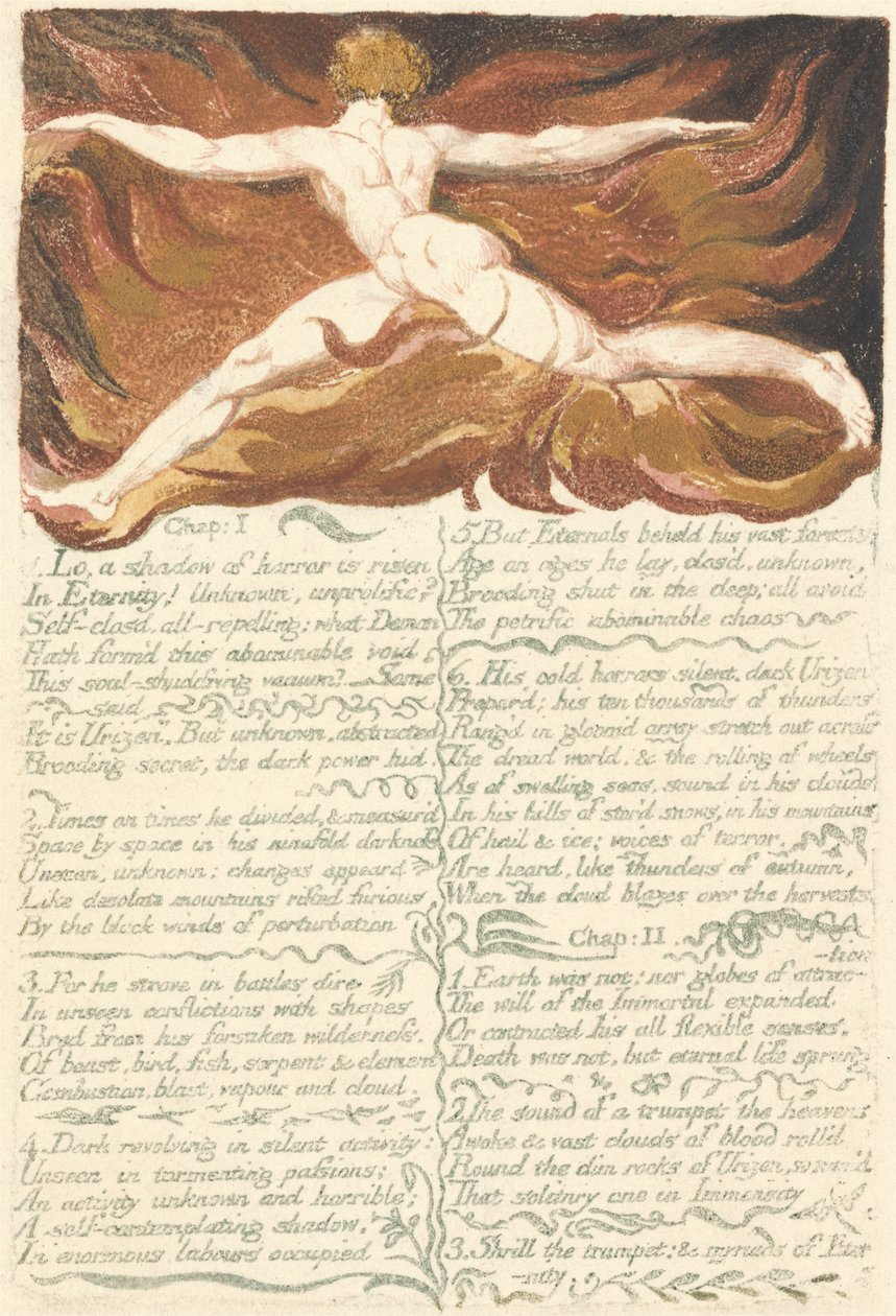 Pierwsza Księga Urizena, tablica 3, rozdział I I. Lo, cień.., 1794 (akwaforta płaskorzeźba z wc) autorstwa William Blake