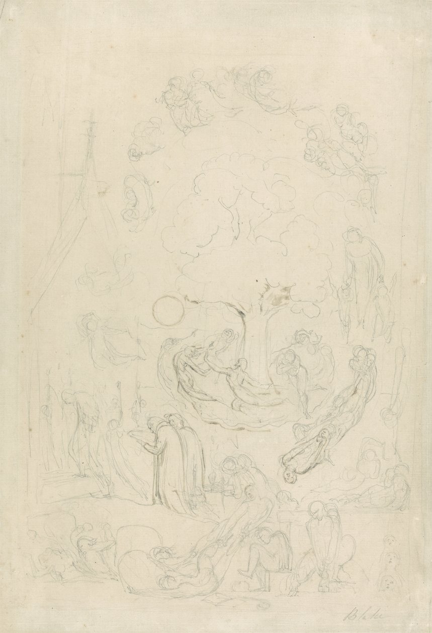Gambole duchów według ich uczuć przed sądem ostatecznym, 1805-08 (grafitowo-brązowe rozmycie na papierze) autorstwa William Blake