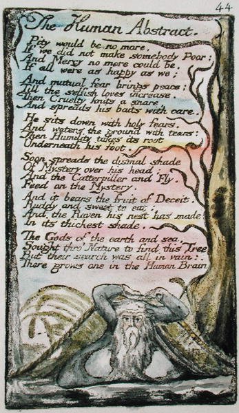 The Human Abstract, tablica 44 (Bentley 47) z Songs of Innocence and of Experience (Bentley Copy L) 1789-94 (akwaforta wypukła piórem i toaletą na papierze) autorstwa William Blake