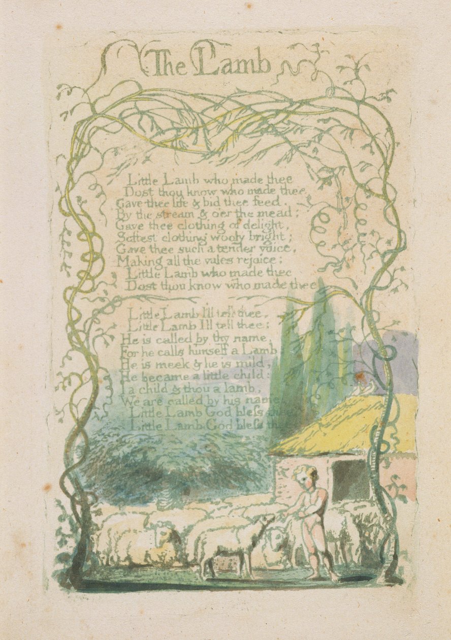 „Baranek”, płyta 17 z „Songs of Innocence”, 1789 (ręcznie malowana płaskorzeźba akwaforta z akwarelą) autorstwa William Blake