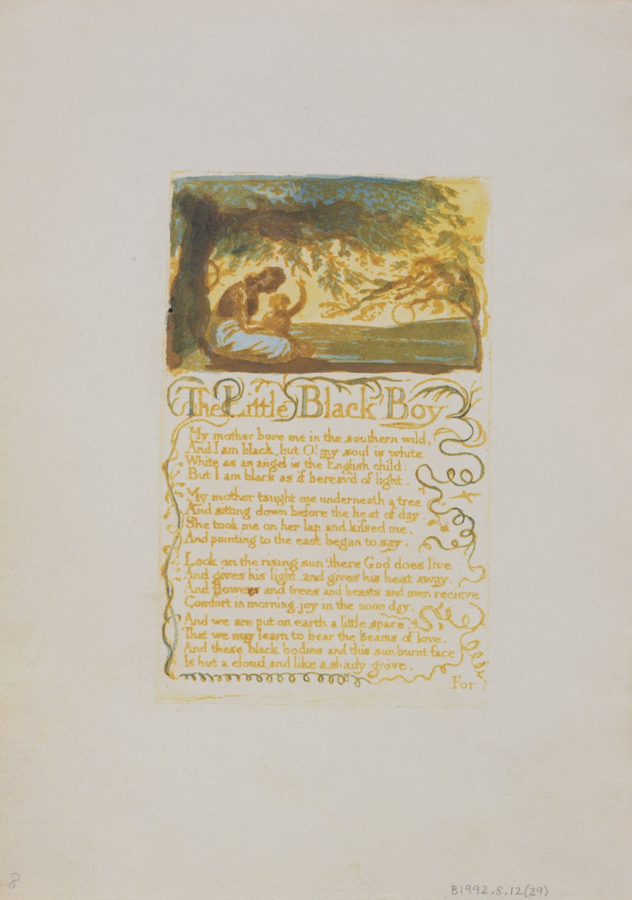The Little Black Boy, płyta 29 z Pieśni o niewinności, 1789 (akwaforta reliefowa z wc) autorstwa William Blake