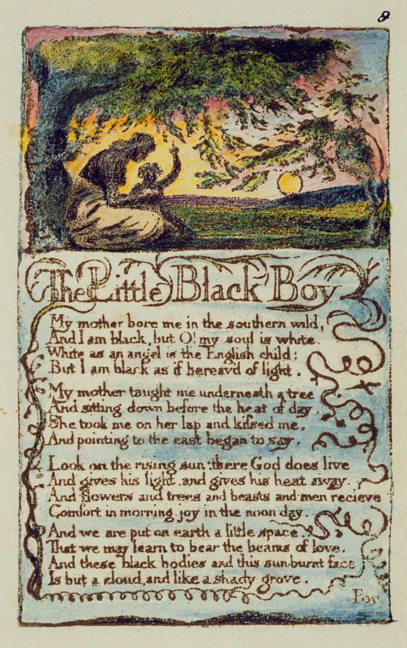 „The Little Black Boy”, płyta 8 (Bentley 9) z „Pieśni o niewinności i doświadczeniu” (Bentley Copy L) 1789-94 (akwaforta wypukła z piórem i toaletą) autorstwa William Blake