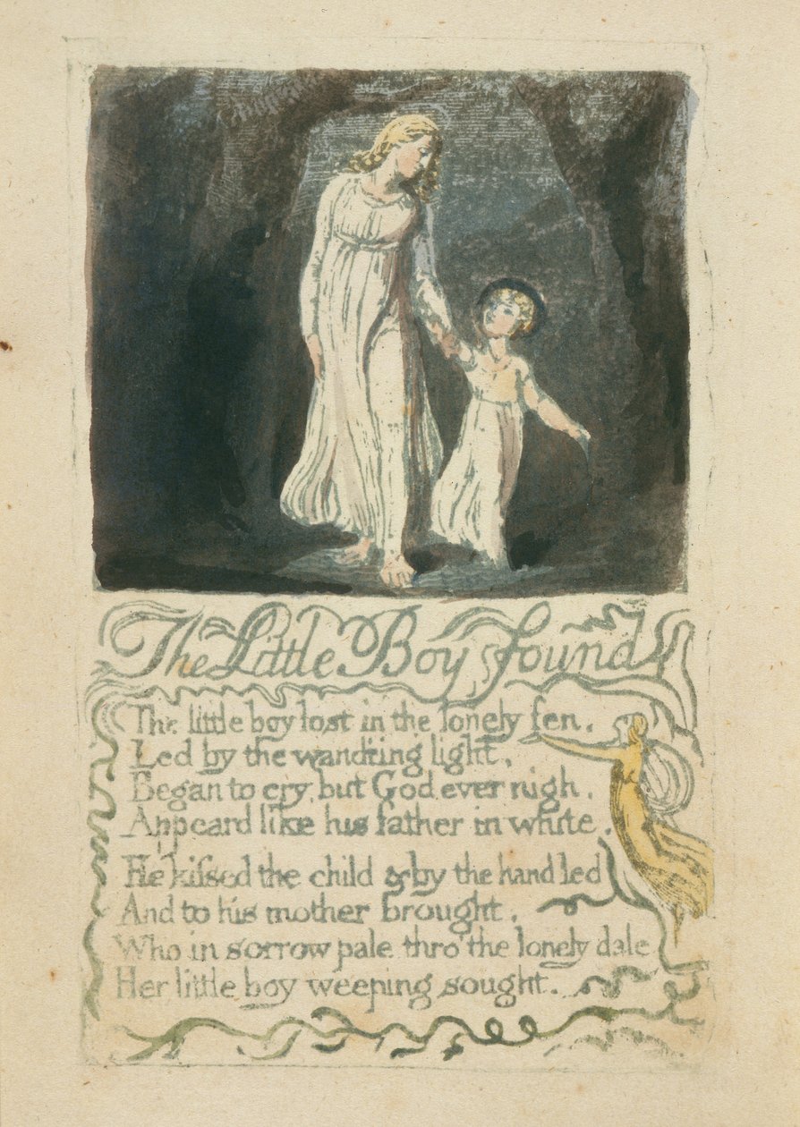 Odnaleziony mały chłopiec, płyta 16 z Pieśni o niewinności, 1789 (ręcznie malowana płaskorzeźba akwaforta z akwarelą) autorstwa William Blake