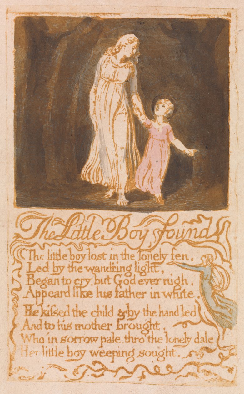 Odnaleziony mały chłopiec, tablica 21 z Pieśni o niewinności, 1789 (akwaforta reliefowa z wc) autorstwa William Blake