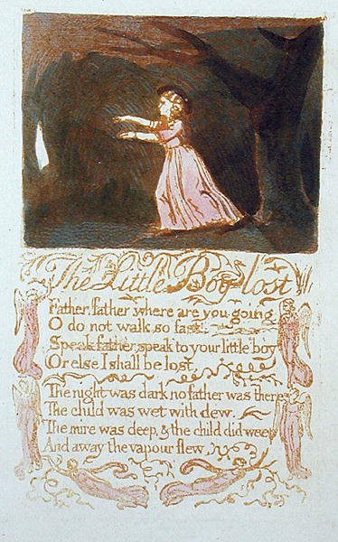 Mały chłopiec zagubiony, tablica 20 z Pieśni o niewinności, 1789 (akwaforta płaskorzeźba z wc) autorstwa William Blake