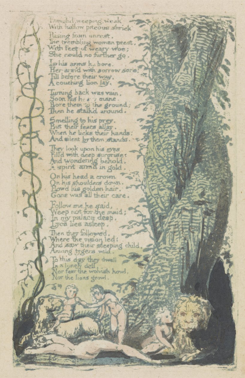 Odnaleziona dziewczynka i płacz Famishd..., płyta 2 z Pieśni o niewinności, 1789 (ręcznie malowana płaskorzeźba akwaforta z akwarelą) autorstwa William Blake