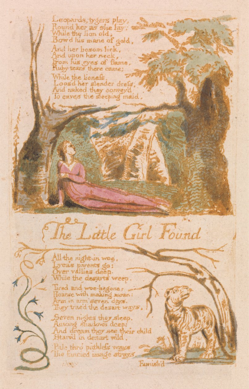Znaleziona dziewczynka, płyta 6 z Pieśni niewinności, 1789 (akwaforta reliefowa z wc na papierze) autorstwa William Blake