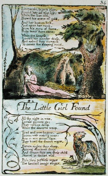 The Little Girl Lost and The Little Girl Found, płyta 34 (Bentley 35) z Pieśni o niewinności i doświadczeniu (Bentley Copy L) 1789-94 (relief akwaforta z piórem i toaletą) autorstwa William Blake