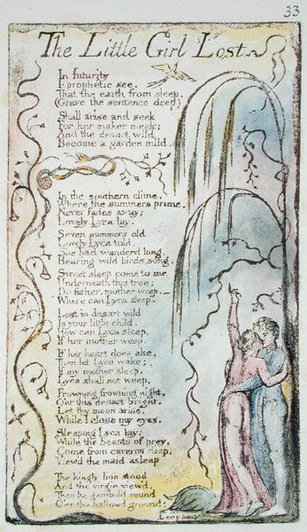 The Little Girl Lost, płyta 33 (Bentley 34) z Pieśni o niewinności i doświadczeniu (Bentley Copy L) 1789-94 (akwaforta reliefowa z piórem i toaletą) autorstwa William Blake