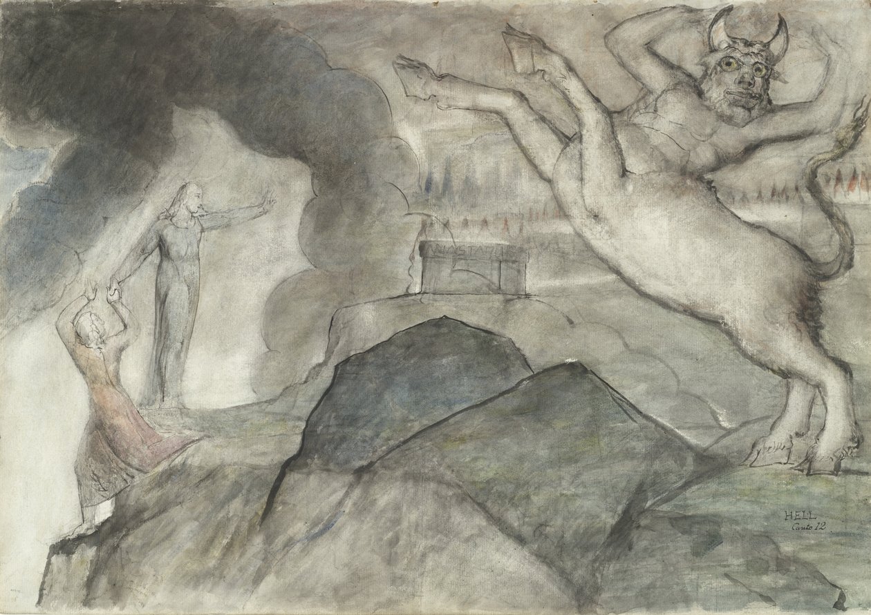 Minotaur, ilustracja do Boskiej komedii Dante Alighieri, 1824-27 (pióro i atrament z toaletą na ołówku i kredą na papierze) autorstwa William Blake