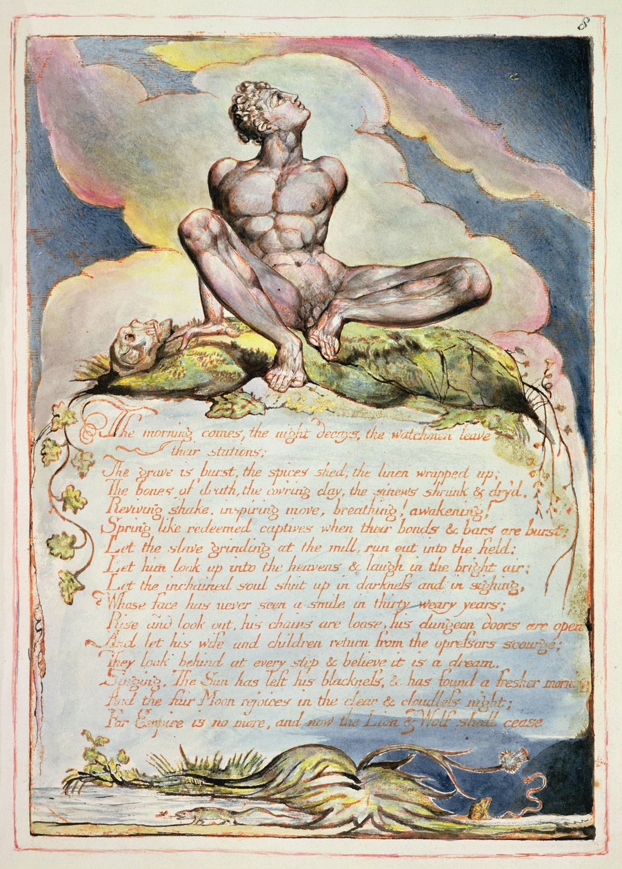 Nadchodzi poranek, płyta 6 z „Ameryka, proroctwo”, 1793 (akwaforta wypukła i wc na papierze) autorstwa William Blake