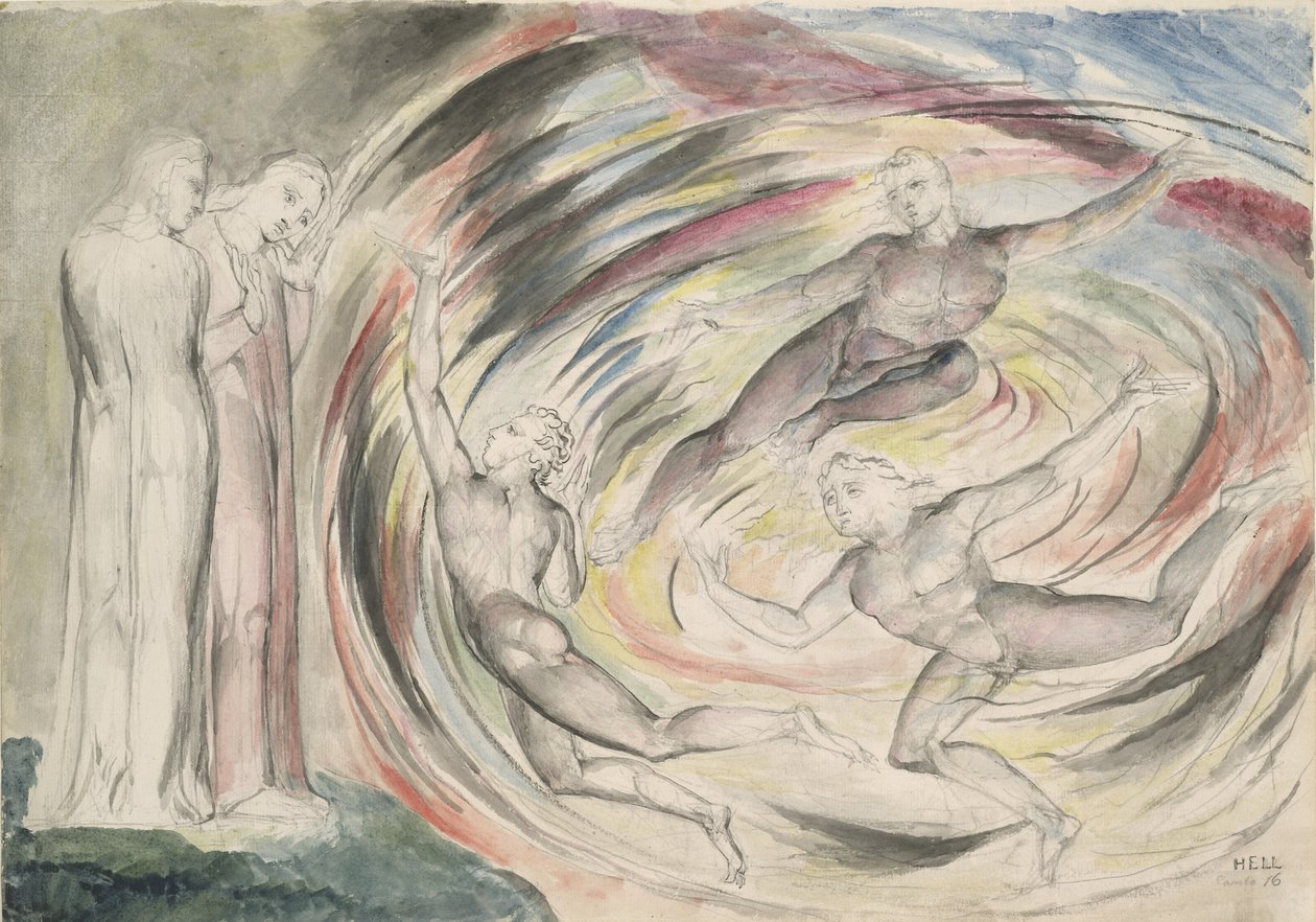 Kara Rusticucciego i jego towarzyszy, ilustracja do Boskiej komedii Dantego Alighieri, 1824-27 (pióro i atrament z toaletą na ołówku i kredą na papierze) autorstwa William Blake