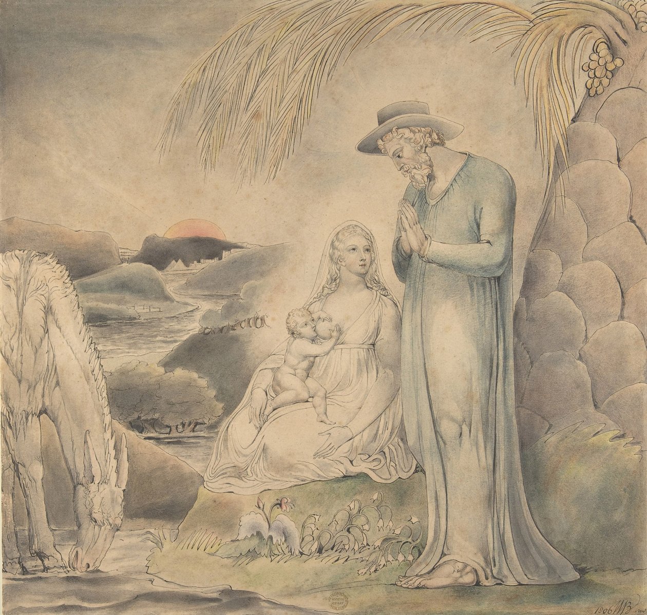 Reszta w ucieczce do Egiptu, 1806 (toaleta, długopis i czarny tusz na graficie) autorstwa William Blake