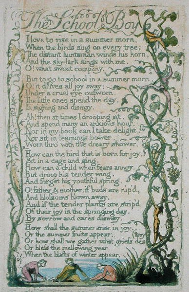 Uczeń, płyta 12 z Pieśni niewinności, 1789 (relief akwaforta ręcznie kolorowana z akwarelą) autorstwa William Blake