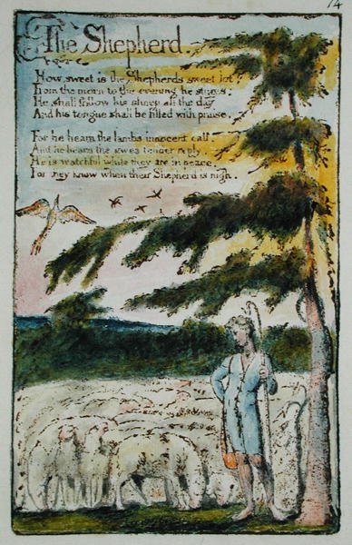 Pasterz, ilustracja z Pieśni o niewinności i doświadczeniu, (Bentley Copy L) pl.14 (Bentley 5) 1789-94 (akwaforta reliefowa piórkiem i wc na papierze) autorstwa William Blake