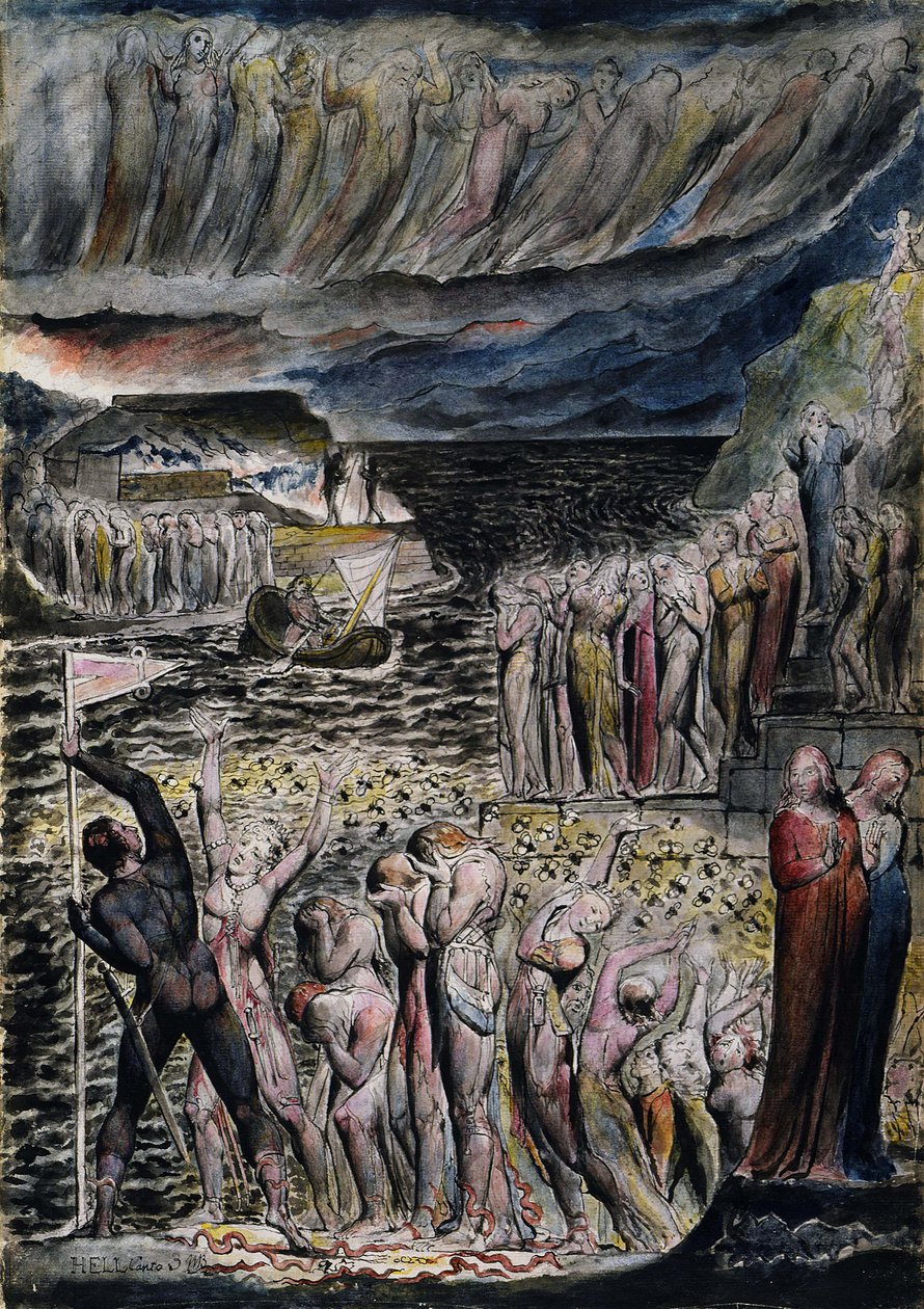 Przedsionek piekła i dusz gromadzących się, by przekroczyć Acheron autorstwa William Blake