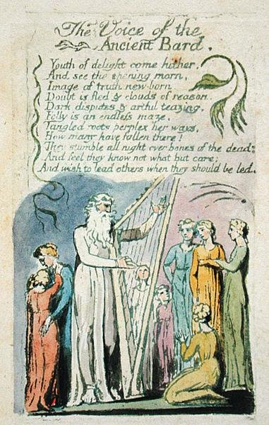The Voice of the Ancient Bard, z Pieśni o niewinności, 1789 (ręcznie kolorowana płaskorzeźba akwaforta z wc na papierze) autorstwa William Blake