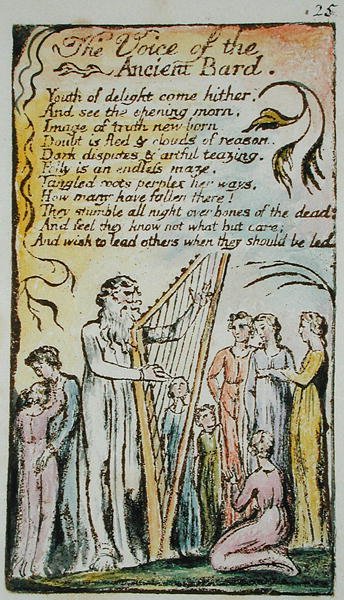 The Voice of the Ancient Bard, ilustracja z Songs of Innocence and of Experience, (Bentley Copy L) pl.25 (Bentley 54) 1789-94 (akwaforta wypukła z piórkiem i wc na papierze) autorstwa William Blake