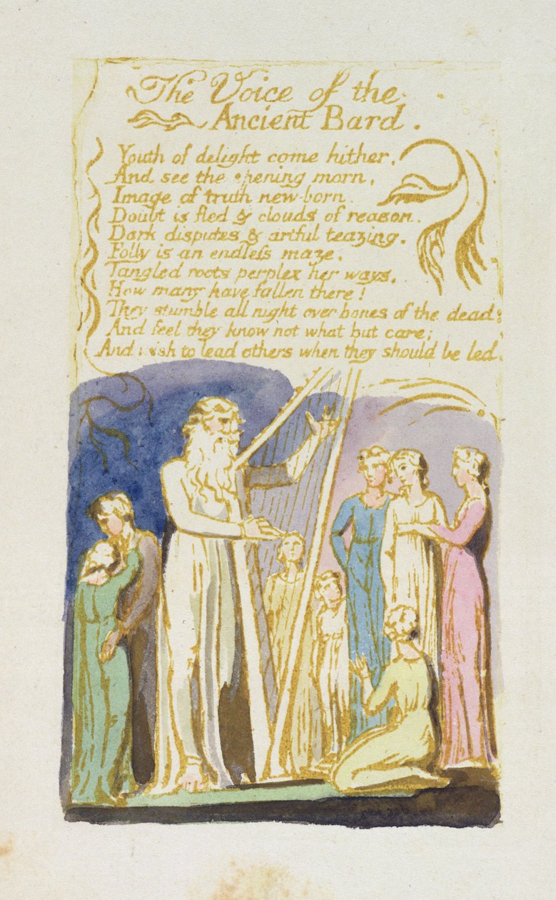 „Głos starożytnego barda”, płyta 31 z „Pieśni niewinności”, 1789 (akwaforta reliefowa z wc) autorstwa William Blake