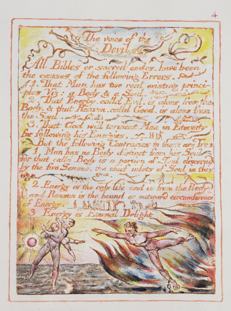 Głos diabła, ilustracja i tekst z „Wesela Nieba i Piekła”, c.1790-3 (relief akwaforta wykończony piórem i toaletą) autorstwa William Blake