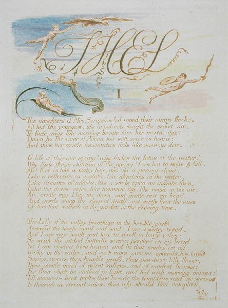 ThelIThe Daughter of Mne Serafin..., płyta 3 z Księgi Thel, 1789 (ręcznie kolorowana płaskorzeźba akwaforta z długopisem i toaletą na papierze) autorstwa William Blake