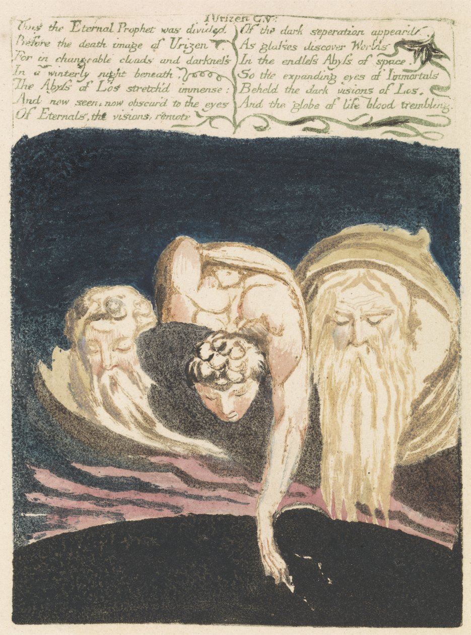 W ten sposób został podzielony wieczny prorok..., płyta 13 z Pierwszej Księgi Urizena, 1794 (drukowana kolorowo relief akwaforta z akwarelą) autorstwa William Blake