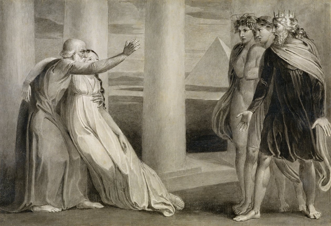 Tiriel wspiera umierającą Myratanę i przeklina swoich synów, 1786-89 (pióro, atrament i pędzel na papierze) autorstwa William Blake
