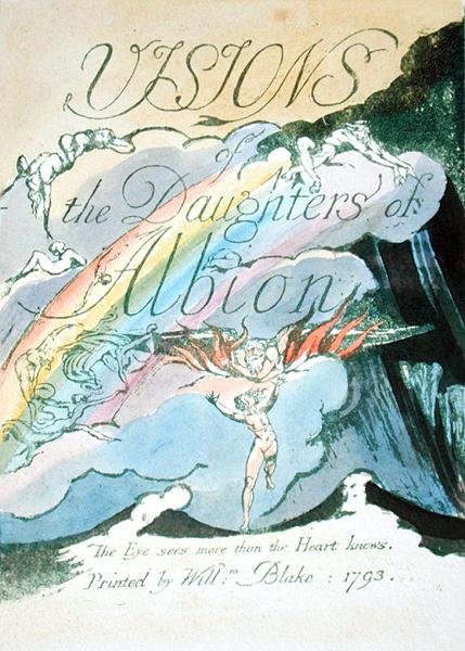 Strona tytułowa, recto, tablica 2 z Wizje córek Albionu, 1793 (akwaforta wypukła wydrukowana na zielono z wc na papierze) autorstwa William Blake