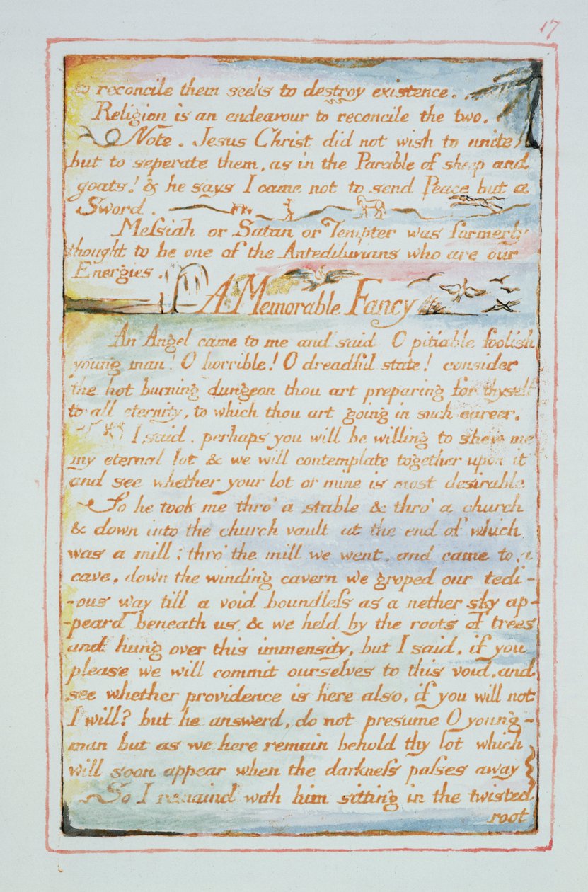Pogodzenie ich ma na celu zniszczenie istnienia..., tekst z Wesela Nieba i Piekła, ok. 1790-3 (relief akwaforta wykończony piórem i wc) autorstwa William Blake