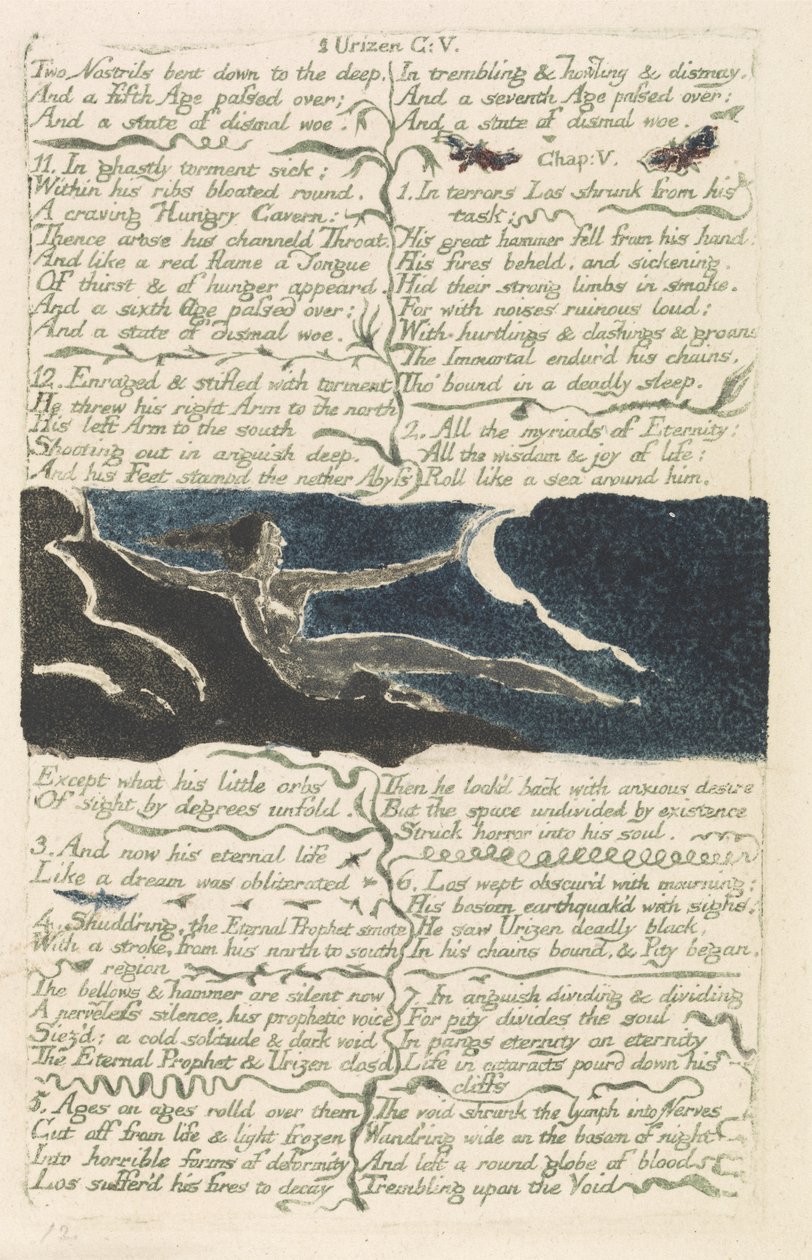 Dwa nozdrza zgięte w głąb..., tablica 11 z Pierwszej Księgi Urizena, 1794 (drukowana kolorowo płaskorzeźba akwaforta z akwarelą) autorstwa William Blake