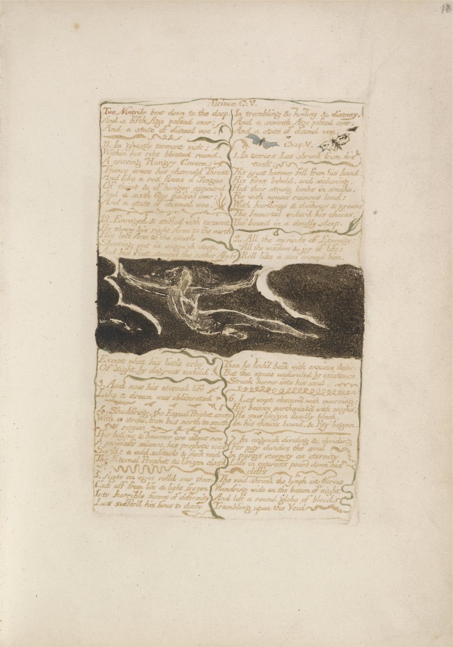 Dwa nozdrza zgięte w głąb..., płyta 16 z Pierwszej Księgi Urizena, 1794 (drukowana kolorowo płaskorzeźba akwaforta tuszem i wc na papierze) autorstwa William Blake