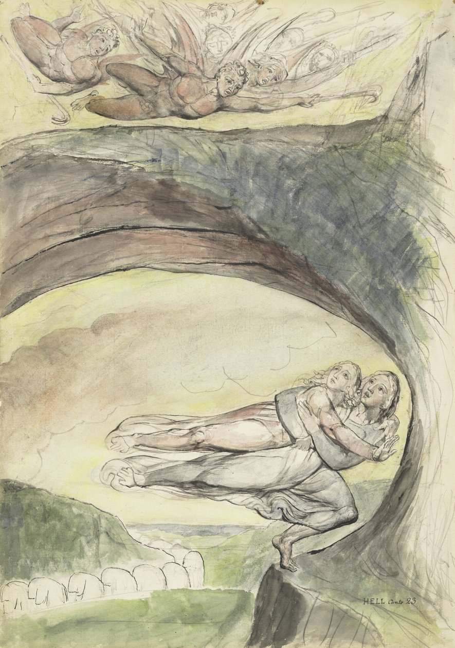 Wergiliusz ratuje Dantego przed złymi demonami, ilustracja do Boskiej komedii Dantego Alighieri, 1824-27 (pióro i tusz z wc, ołówek i kreda na papierze) autorstwa William Blake