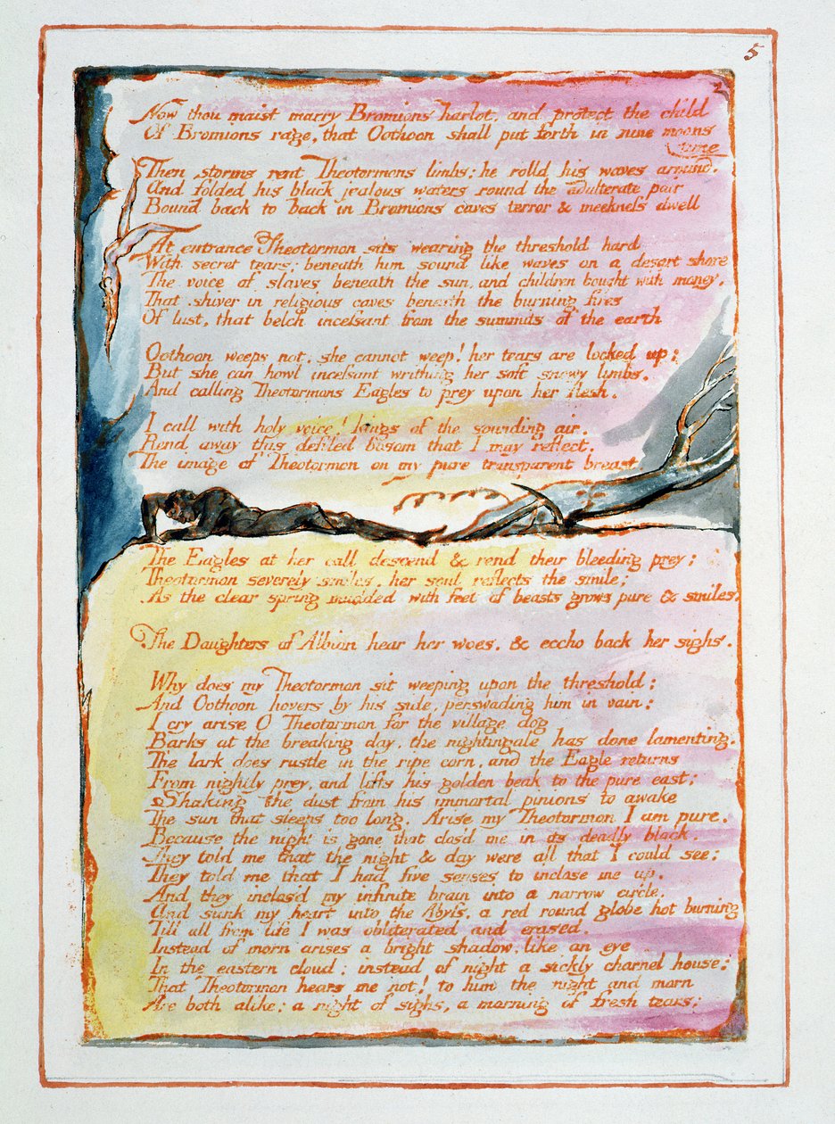 Wizje córek Albionu, "Teraz maszist poślubiasz Bromions Harlot...", płyta 5, projekt 1793, ukończony ok. 1815 (akwaforta z piórem i toaletą na papierze) autorstwa William Blake