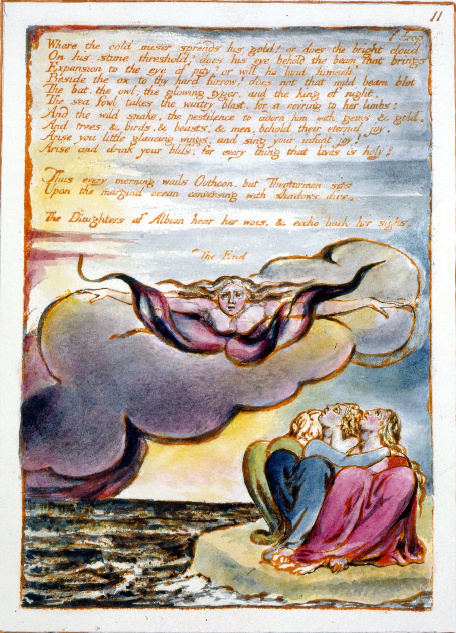 Wizje Córek Albionu: "Gdzie zimny skąpiec rozrzuca swe złoto..." projekt z 1793 r., ukończony ok. 1815 r. (akwaforta reliefowa piórkiem i wc na papierze) autorstwa William Blake