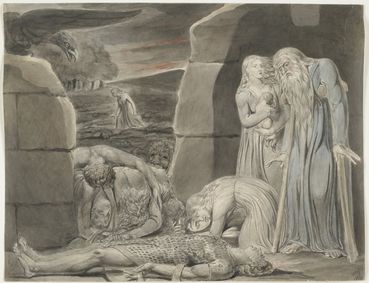 War, 1805 (wc, czarno-szary tusz i grafit na białawym papierze tkanym) autorstwa William Blake