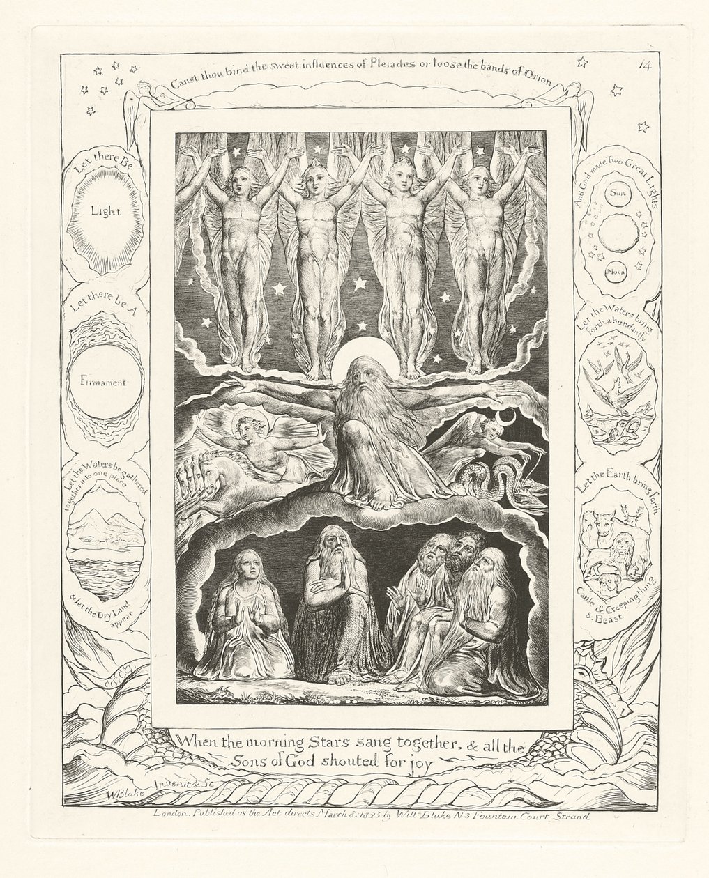 Kiedy gwiazdy poranne śpiewały razem, a wszyscy synowie Boży krzyczeli z radości, 1825 autorstwa William Blake