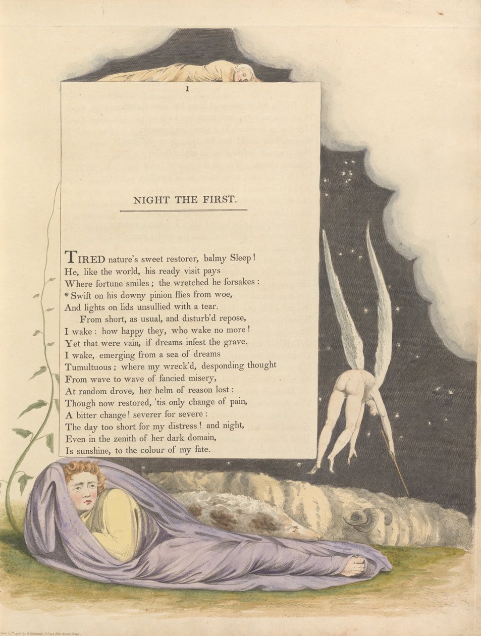 Youngs Night Thoughts, Strona 1, Szybki na swoich muchach z kołowatych skrzydełek z Woe autorstwa William Blake