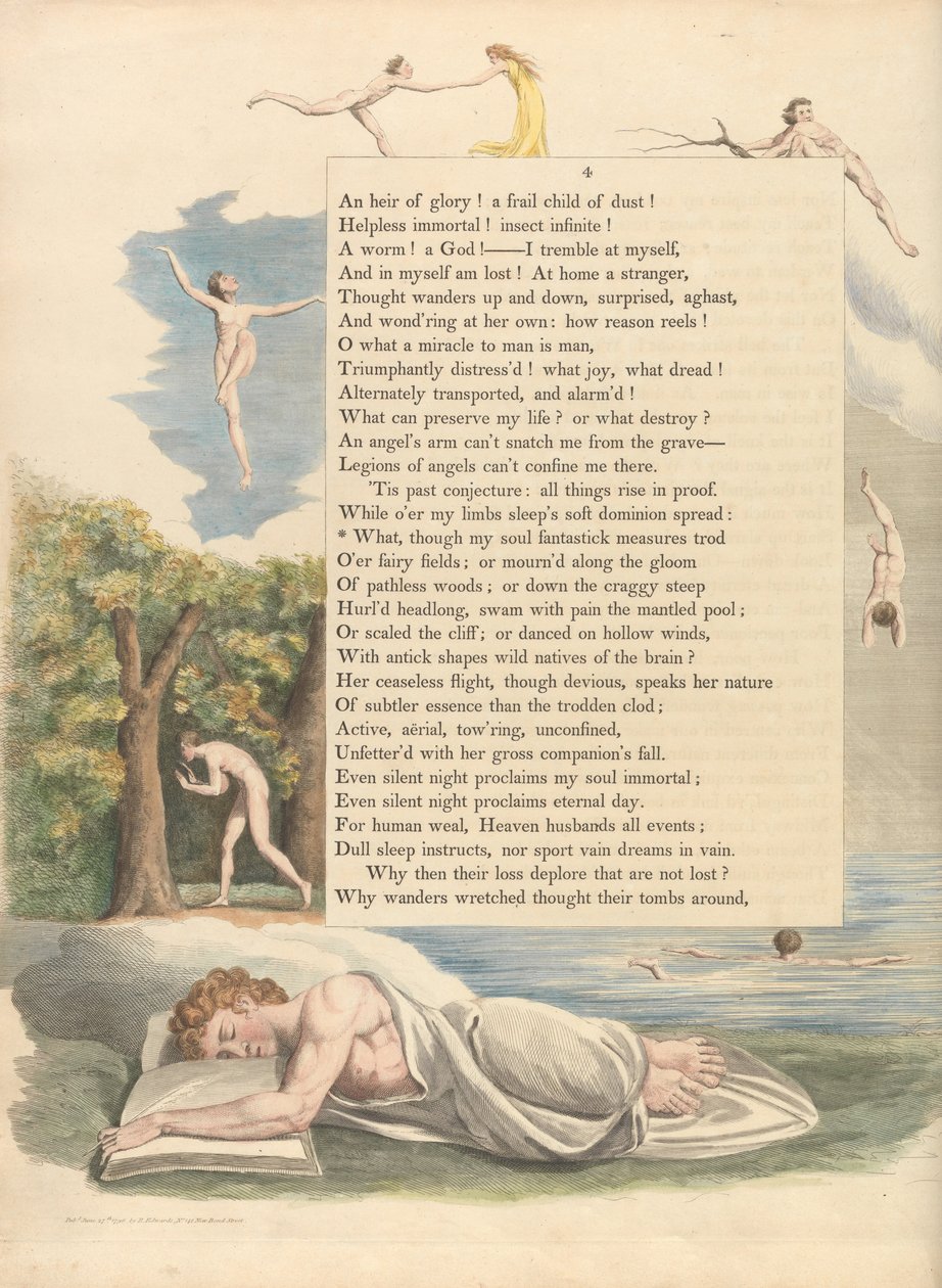 Młode Nocne Myśli, Strona 4, Co, chociaż moja dusza fantastycznie mierzy autorstwa William Blake
