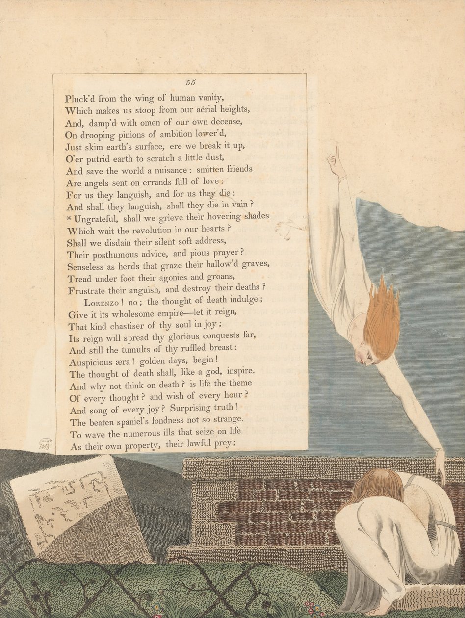 Nocne Myśli Młodych, strona 55, Niewdzięczni, Czy będziemy opłakiwać ich wiszące cienie? autorstwa William Blake