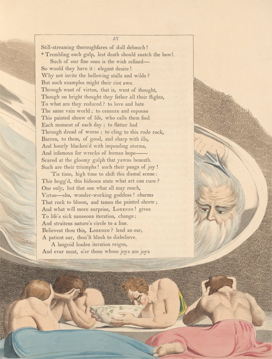 Nocne myśli Youngsa, strona 57, Drżąc o każdy łyk, by śmierć nie porwała miski autorstwa William Blake
