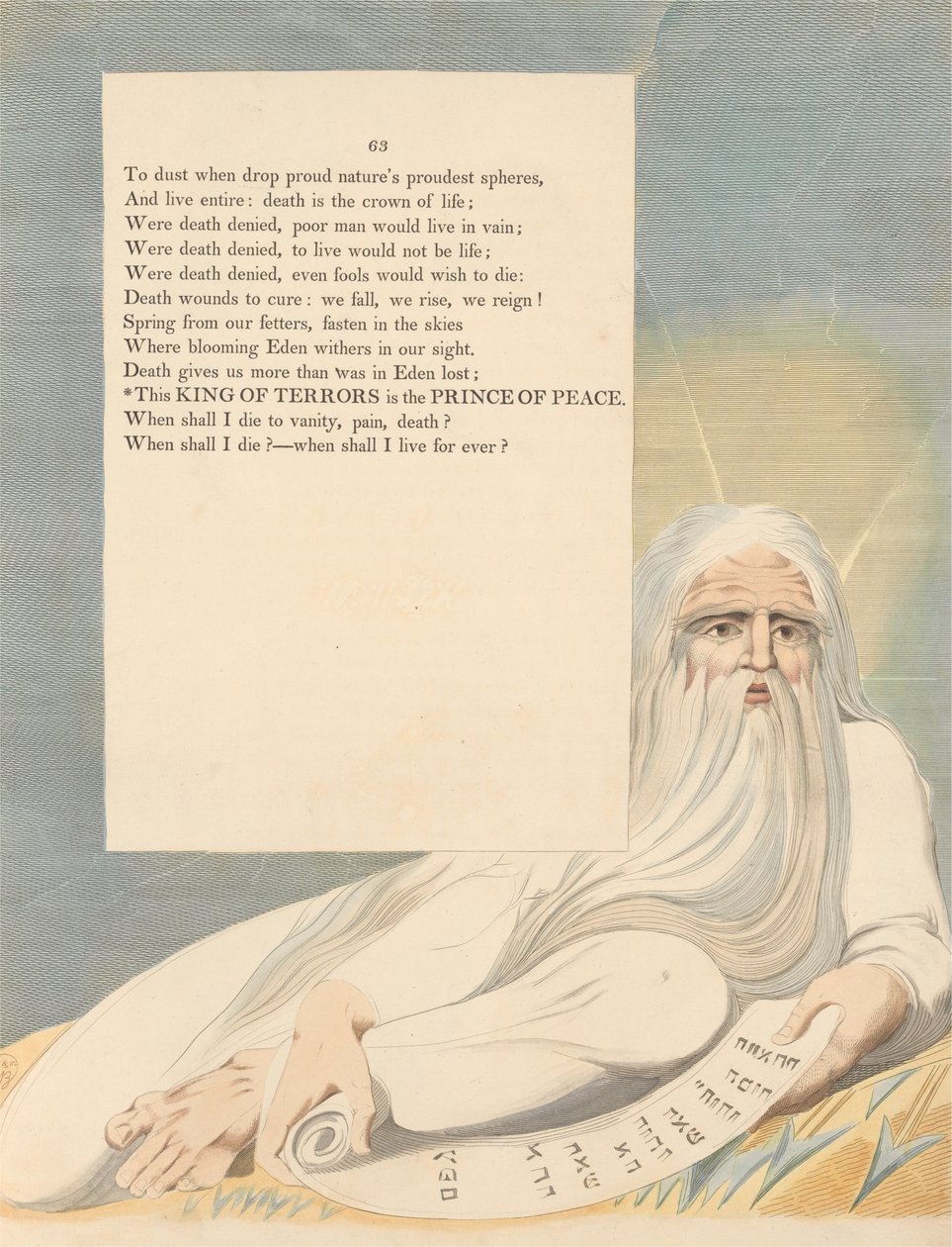 Myśli nocne Youngs, strona 63, Ten Król Grozy jest Księciem Pokoju autorstwa William Blake